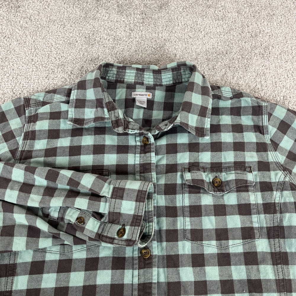 Carhartt Flannel Shirt Womens Large 12 14 Buffalo Plaid Button Up Mint Green